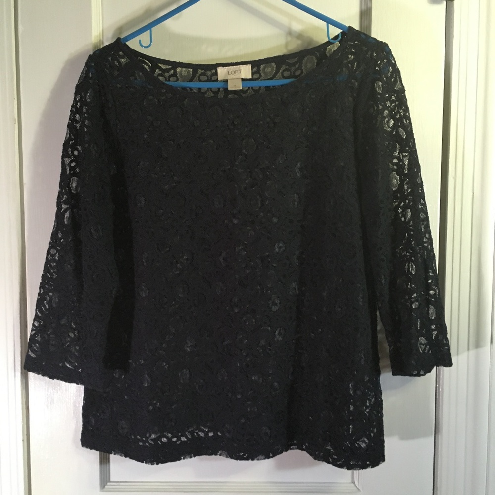 LOFT Lace Boatneck Top, Navy, Medium